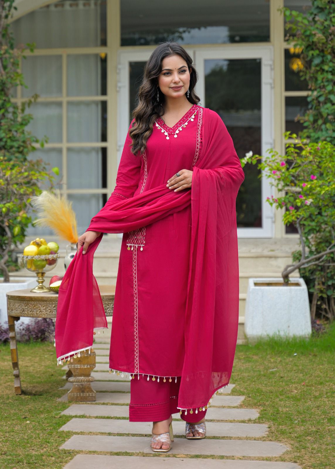 Side Pocket Embroidery Suit Pink